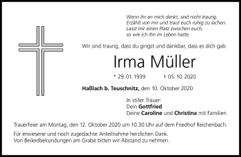 Traueranzeige von Irma Müller von Neue Presse Coburg