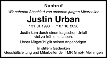 Traueranzeige von Justin Urban von Südthüringer Presse