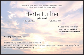 Traueranzeige von Herta Luther von Neue Presse Coburg