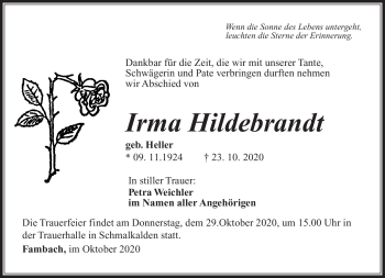 Traueranzeige von Irma Hildebrandt von Südthüringer Presse