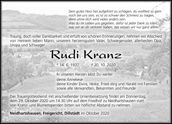 Traueranzeige von Rudi Kranz von Südthüringer Presse