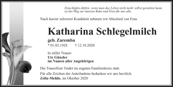 Traueranzeige von Katharina Schlegelmilch von Südthüringer Presse