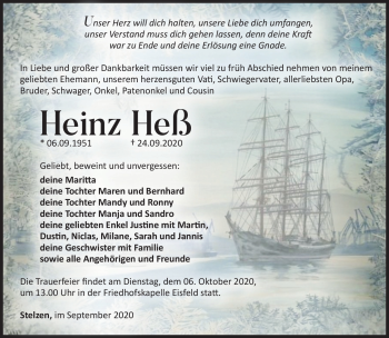 Traueranzeige von Heinz Heß von Südthüringer Presse