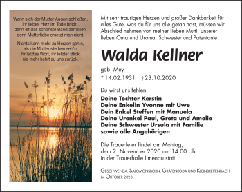 Traueranzeige von Walda Kellner von Südthüringer Presse