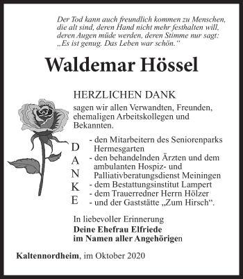 Traueranzeige von Waldemar Hössel von Südthüringer Presse