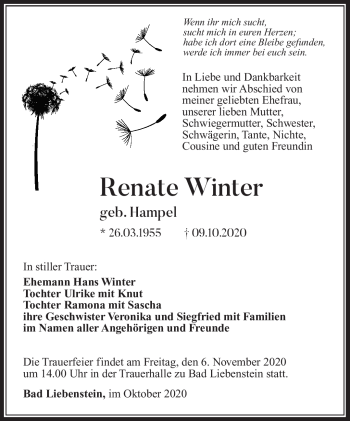 Traueranzeige von Renate Winter von Südthüringer Presse