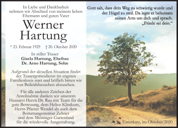 Traueranzeige von Werner Hartung von Südthüringer Presse