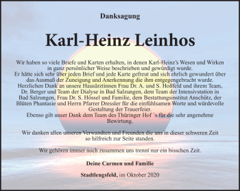 Traueranzeige von Karl-Heinz Leinhof von Südthüringer Presse