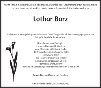 Traueranzeige von Lothar Barz von Südthüringer Presse