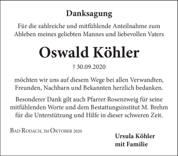 Traueranzeige von Oswald Köhler von Neue Presse Coburg