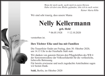 Traueranzeige von Nelly Kellermann von Südthüringer Presse