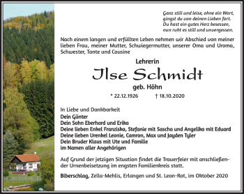 Traueranzeige von Ilse Schmidt von Südthüringer Presse