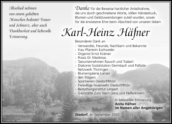 Traueranzeige von Karl-Heinz Häfner von Südthüringer Presse