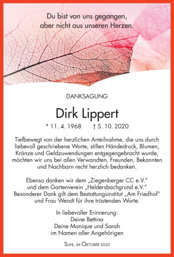Traueranzeige von Dirk Lippert von Südthüringer Presse