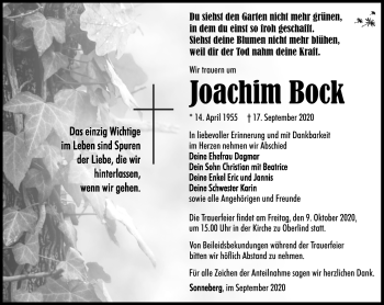 Traueranzeige von Joachim Bock von Südthüringer Presse