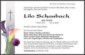 Traueranzeige von Lilo Schaubach von Südthüringer Presse