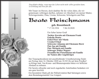 Traueranzeige von Beate Fleischmann von Südthüringer Presse