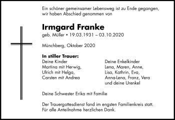 Traueranzeige von Irmgard Franke von Frankenpost