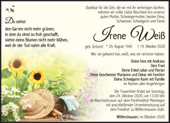 Traueranzeige von Irene Weiß von Südthüringer Presse