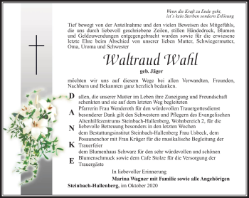 Traueranzeige von Waltraud Wahl von Südthüringer Presse