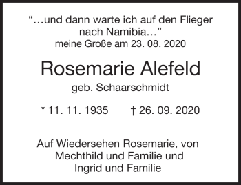 Traueranzeige von Rosemarie Alefeld von Neue Presse Coburg