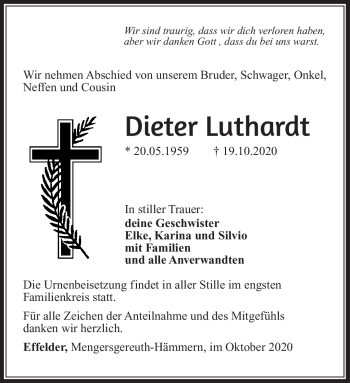 Traueranzeige von Dieter Luthardt von Südthüringer Presse