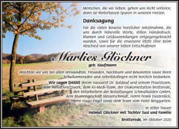 Traueranzeige von Marlies Glöckner von Südthüringer Presse