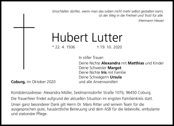 Traueranzeige von Hubert Lutter von Neue Presse Coburg