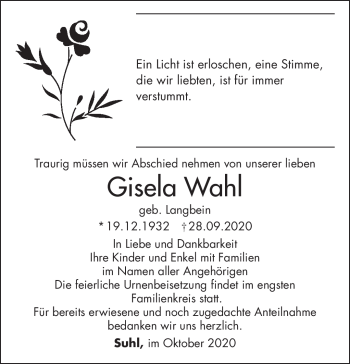 Traueranzeige von Gisela Wahl von Südthüringer Presse