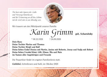 Traueranzeige von Karin Grimm von Südthüringer Presse