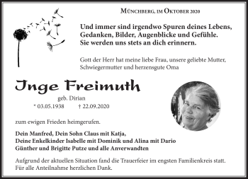 Traueranzeige von Inge Freimuth von Frankenpost