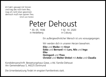 Traueranzeige von Peter Dehoust von Neue Presse Coburg