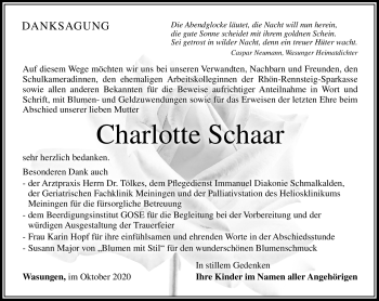 Traueranzeige von Charlotte Schaar von Südthüringer Presse