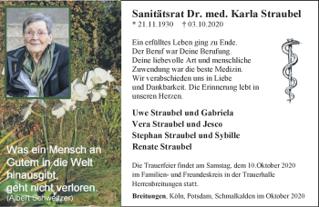 Traueranzeige von Karla Straubel von Südthüringer Presse