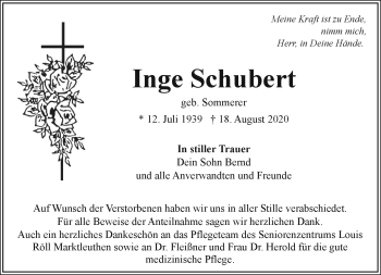 Traueranzeige von Inge Schubert von Frankenpost