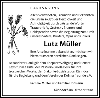 Traueranzeige von Lutz Müller von Südthüringer Presse