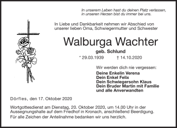 Traueranzeige von Walburga Wachter von Neue Presse Coburg