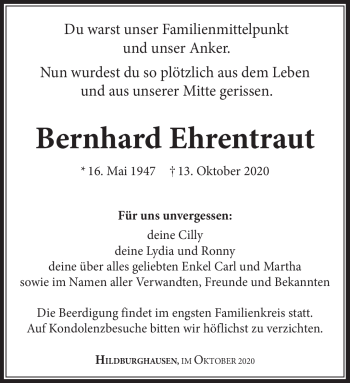Traueranzeige von Bernhard Ehrentraut von Südthüringer Presse