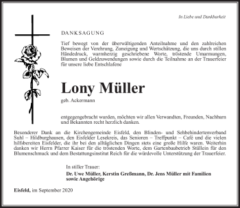 Traueranzeige von Lony Müller von Südthüringer Presse