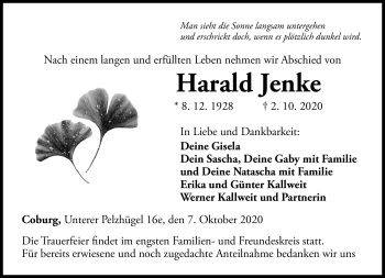 Traueranzeige von Harald Jenke von Neue Presse Coburg