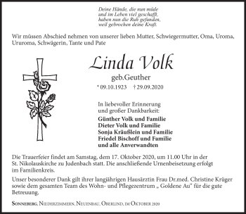 Traueranzeige von Linda Volk von Südthüringer Presse