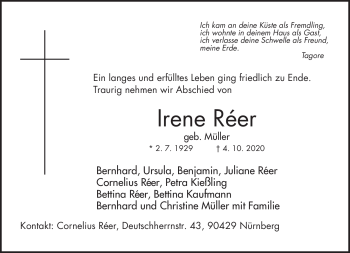 Traueranzeige von Irene Réer von Neue Presse Coburg