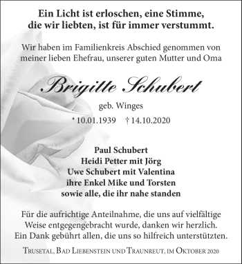 Traueranzeige von Brigitte Schubert von Südthüringer Presse