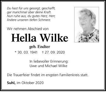 Traueranzeige von Helga Wilke von Südthüringer Presse