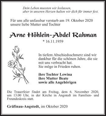 Traueranzeige von Arne Höhlein-Abdel Rahman von Südthüringer Presse
