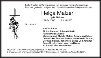 Traueranzeige von Helga Malzer von Frankenpost