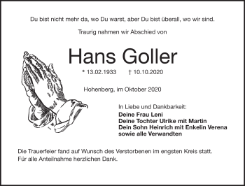 Traueranzeige von Hans Goller von Frankenpost