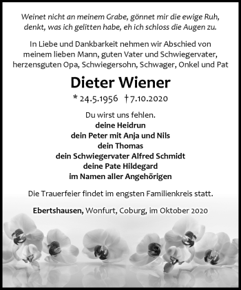 Traueranzeige von Dieter Wiener von Südthüringer Presse
