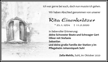 Traueranzeige von Rita Eisenkrätzer von Südthüringer Presse