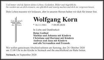 Traueranzeige von Wolfgang Korn von Südthüringer Presse